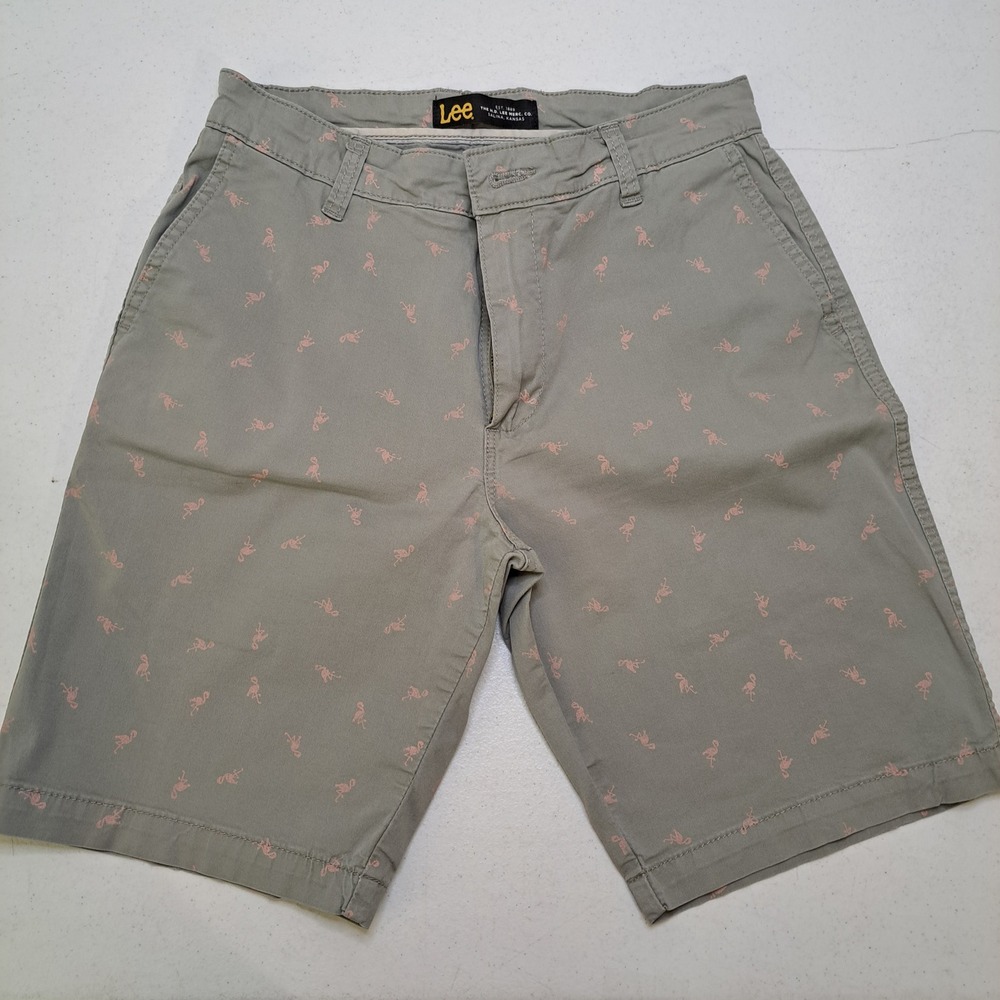 Lee Mens Shorts 30 Gray Flamingo Print Chino Flat Front 1897-100